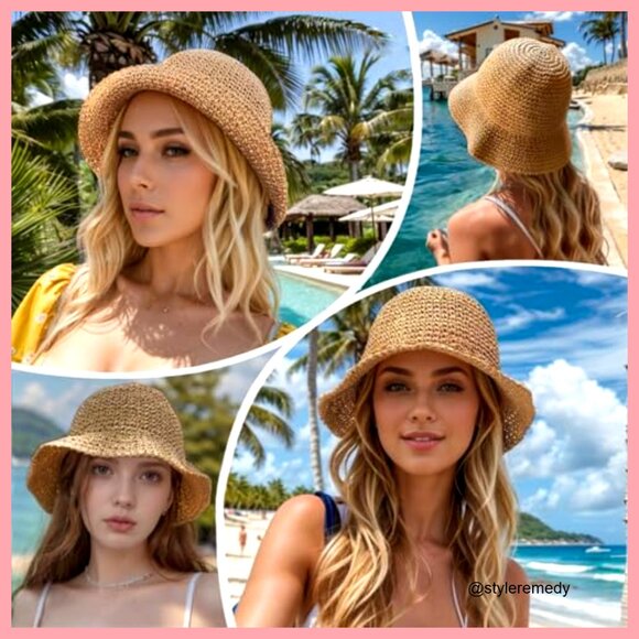 Handmade Paper Straw Sun Hat Foldable Wide Brim Beach Travel main image 2